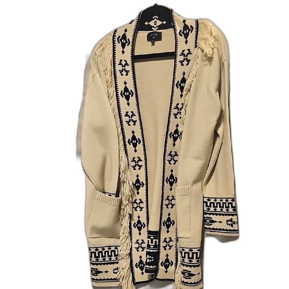 VICI Cream Southwestern Fringe Cardigan Aztec Boho Knit Open Front